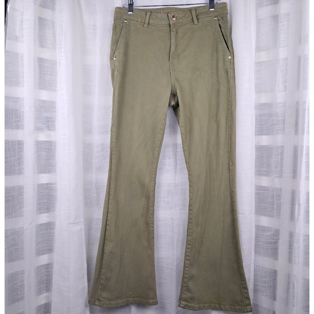 Michael Kors 10 High Rise Selma Flare Jeans Olive Green Stretch Retro‎ 70s-Style